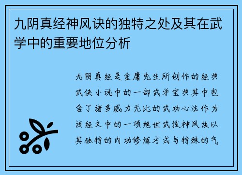 九阴真经神风诀的独特之处及其在武学中的重要地位分析